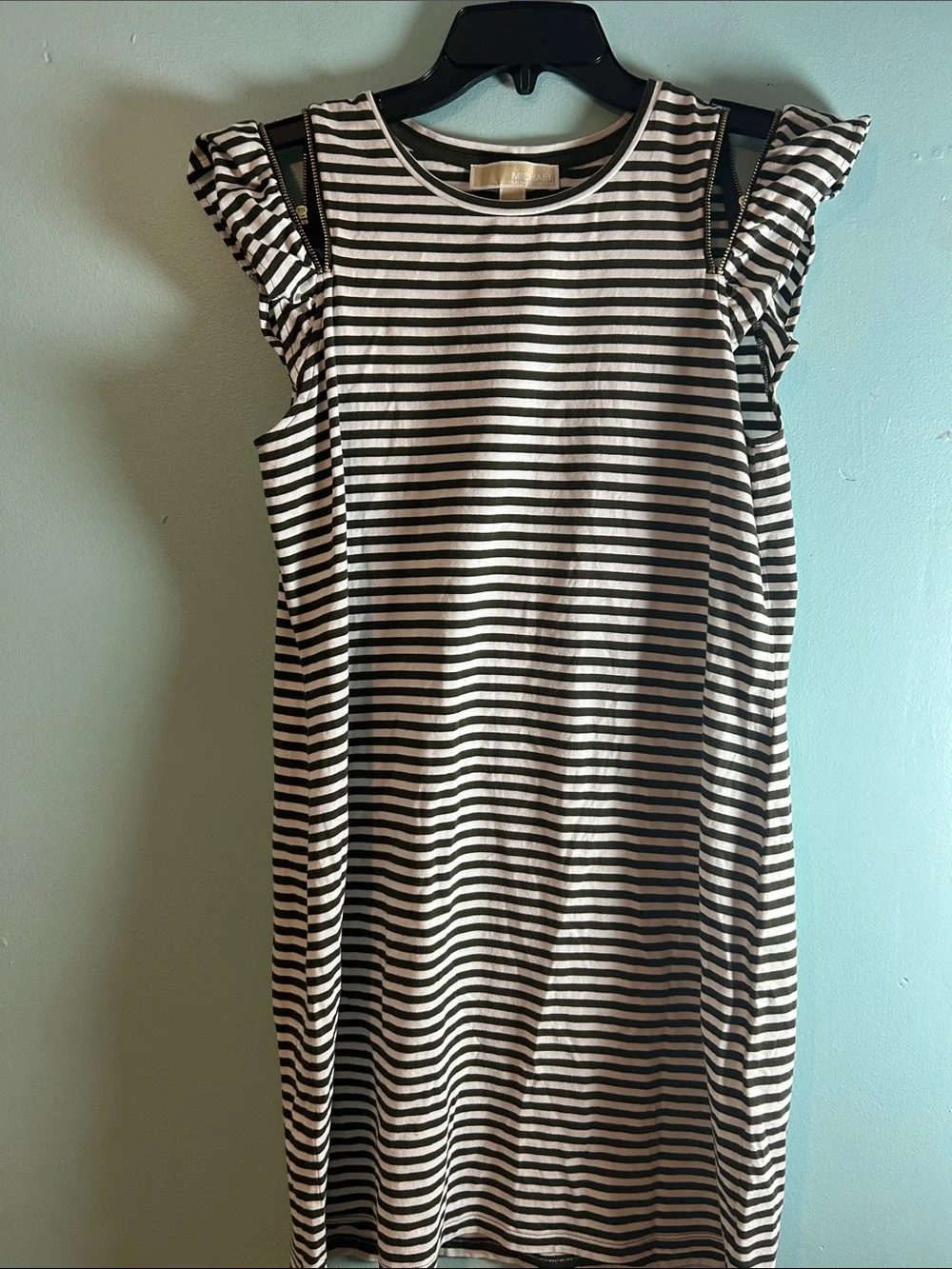 Michael Kors Black and White Striped Cold-Shoulder Dress